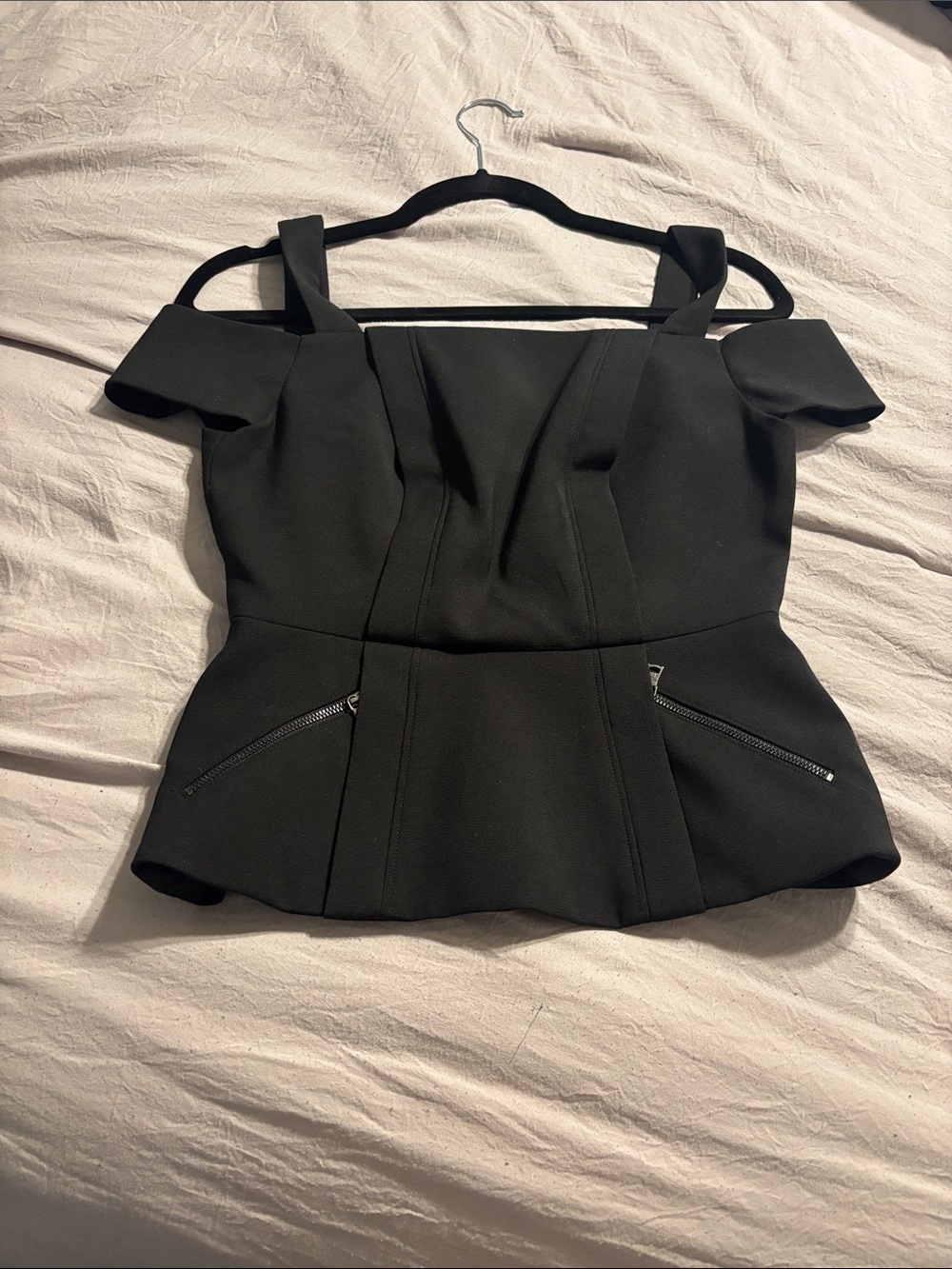 BCBGMaxAzria Black Off-Shoulder Peplum Top with Zipper Accents